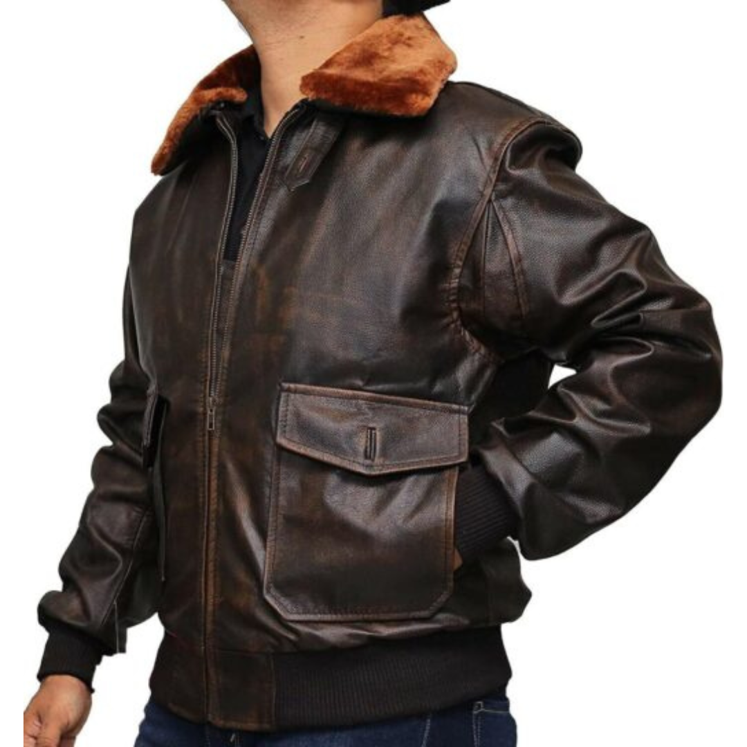 Jachetă de Piele Stil Aviator pentru Bărbați cu Guler de Pluș