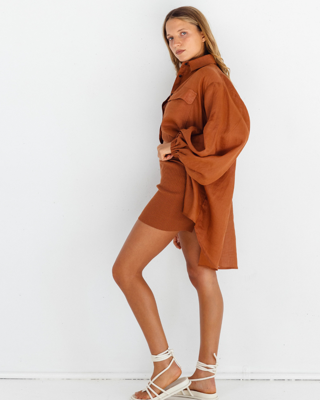 Cămașă oversize din in pentru femei, cu design casual și mâneci bufante