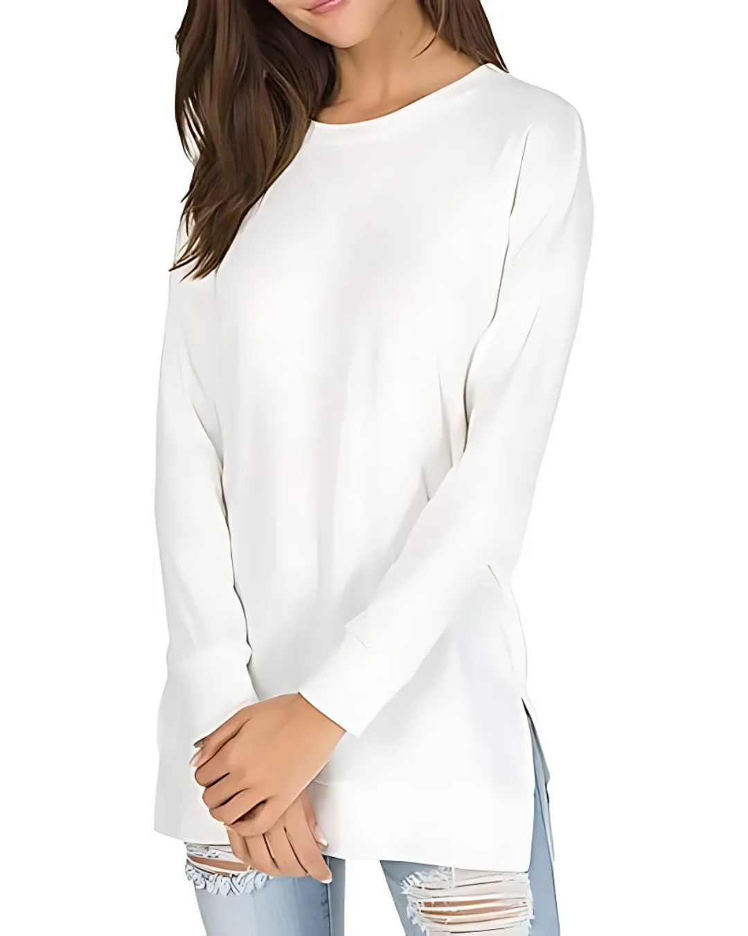 Pulover cu mâneci lungi și croială lungă, cu un stil casual și confortabil