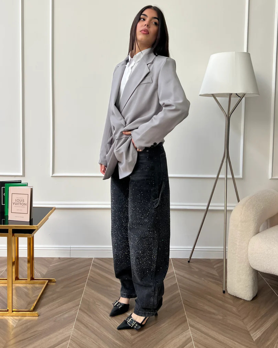 Blugi lung cu detalii în formă de diamant și stil cargo