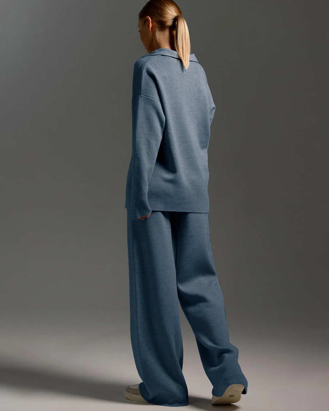 Set 2 Piese Pentru Femei, Hanorac cu Guler Polo și Pantaloni cu Picioare Largi 