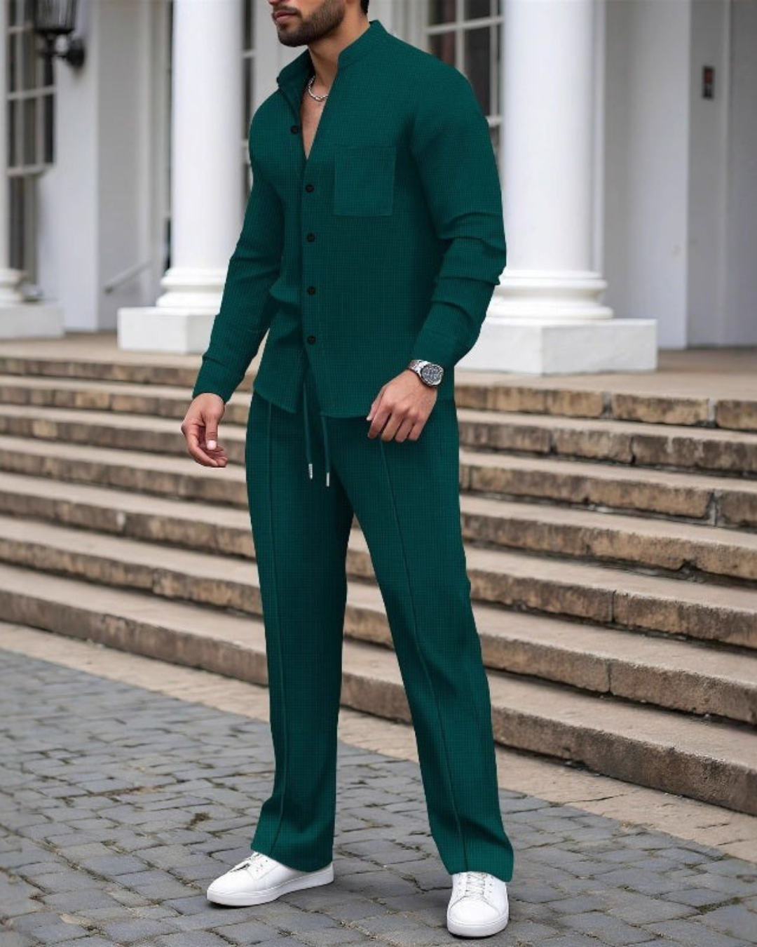 Set Masculin din Tricou și Pantaloni cu Textură Waffle®