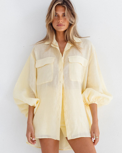 Cămașă oversize din in pentru femei, cu design casual și mâneci bufante