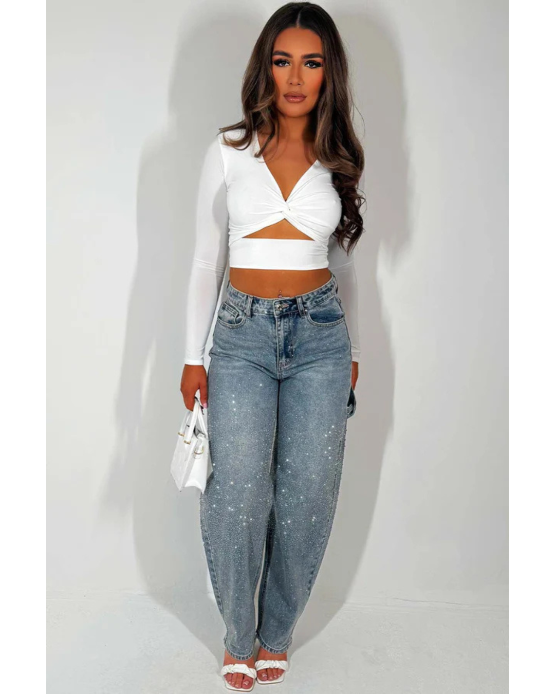 Blugi Largi cu Detalii de Diamante și Stil Cargo