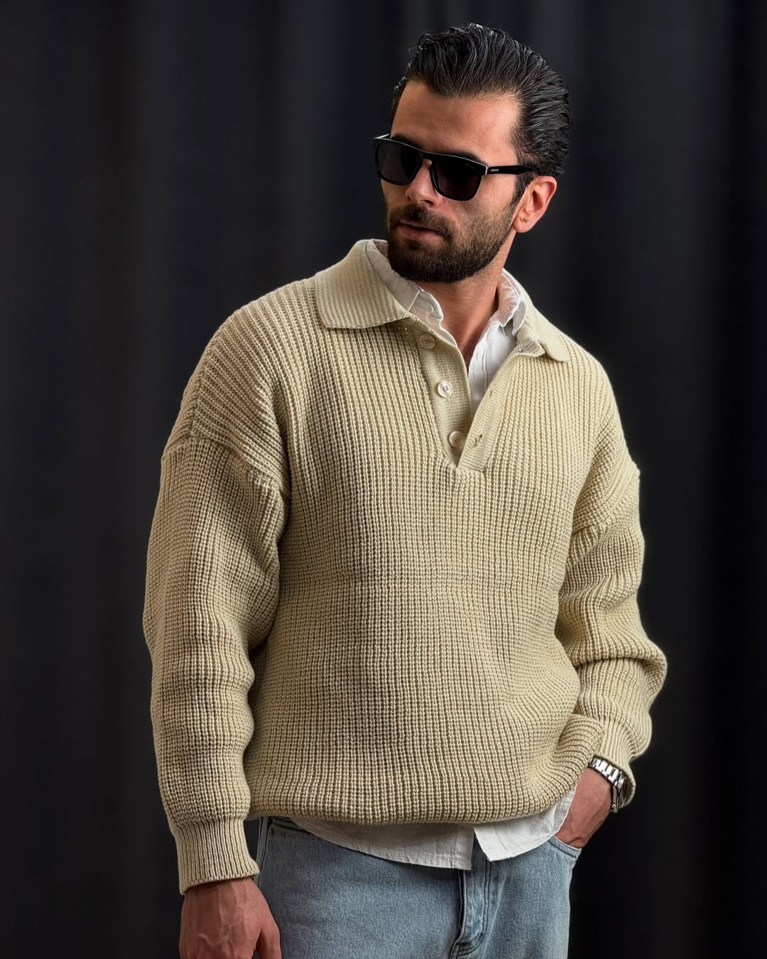 Pulover din tricot cu guler polo pentru bărbați