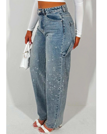 Blugi Largi cu Detalii de Diamante și Stil Cargo