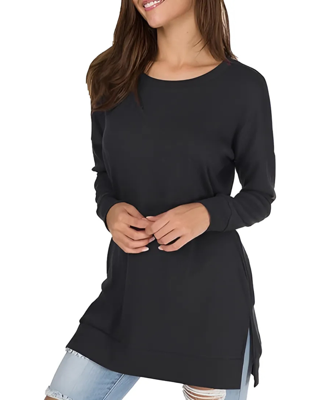 Pulover cu mâneci lungi și croială lungă, cu un stil casual și confortabil 