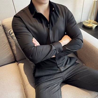 Cămașă Bărbătească cu Rever Casual de Culoare uni cu închidere cu Fermoar