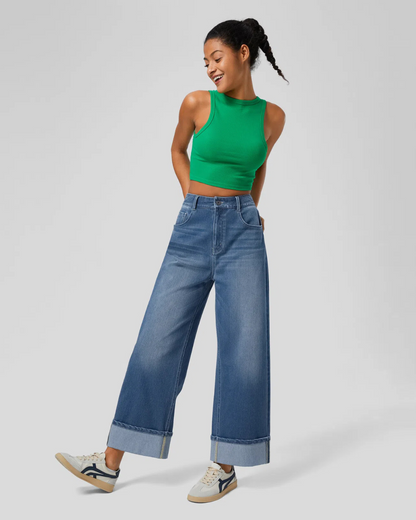 Pantaloni Spălați cu Tiv Rulat Elastic și Talie înaltă 