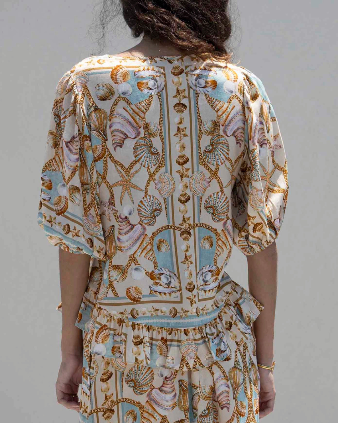 Bluză Boho Albastru Marin cu Imprimare de Scoici și Stele de Mare