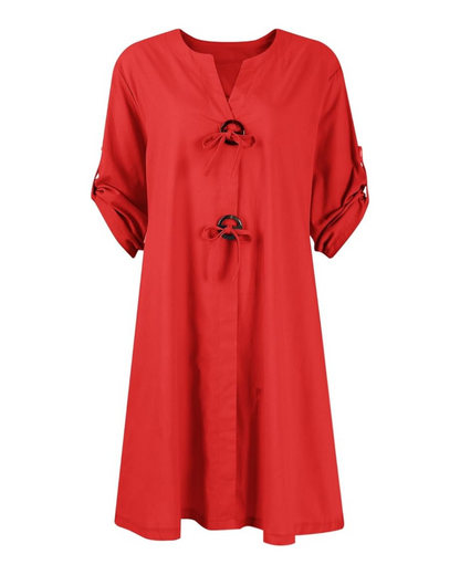 Rochie din in cu mâneci lungi și nasturi eleganți