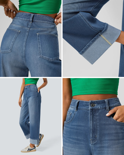 Pantaloni Spălați cu Tiv Rulat Elastic și Talie înaltă 