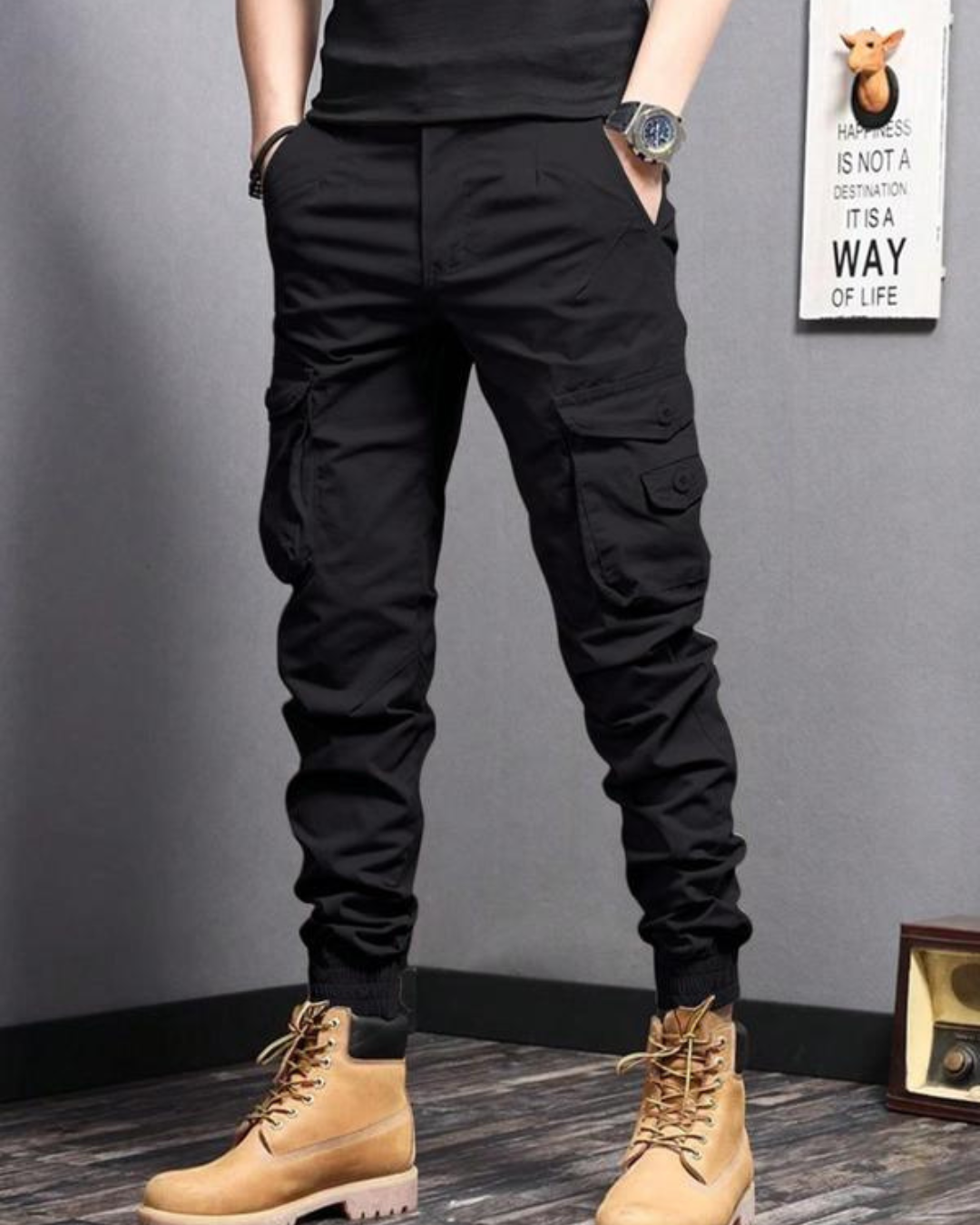 Pantaloni Cargo pentru Bărbați cu Croială Regulară și Buzunare cu Nasturi, Design Casual și Talie Reglabilă 