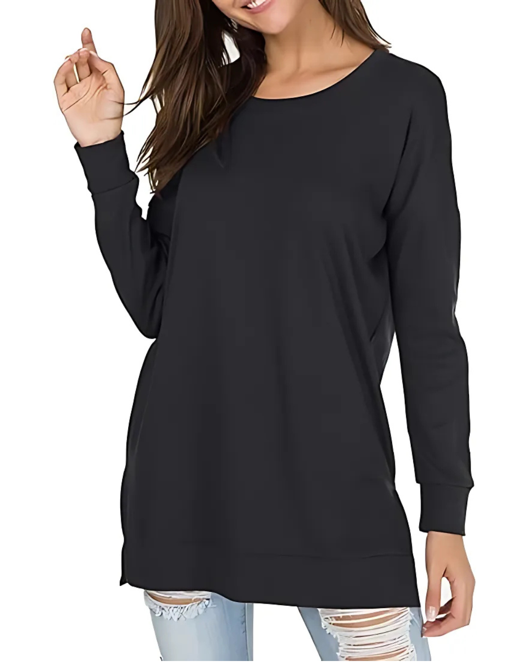 Pulover cu mâneci lungi și croială lungă, cu un stil casual și confortabil 