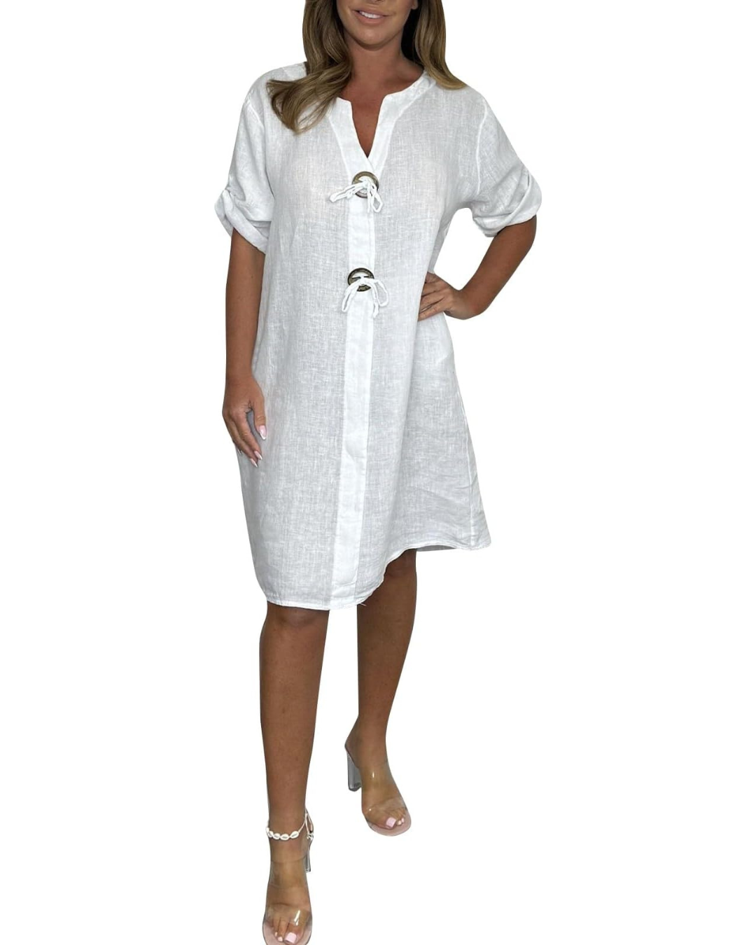 Rochie din in cu mâneci lungi și nasturi eleganți