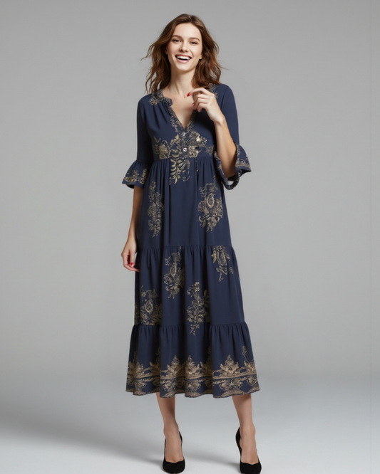 Rochie boemă cu primeu auriu și decolteu în V