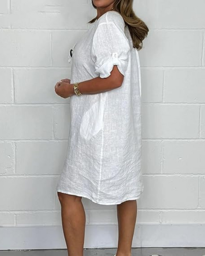 Rochie din in cu mâneci lungi și nasturi eleganți