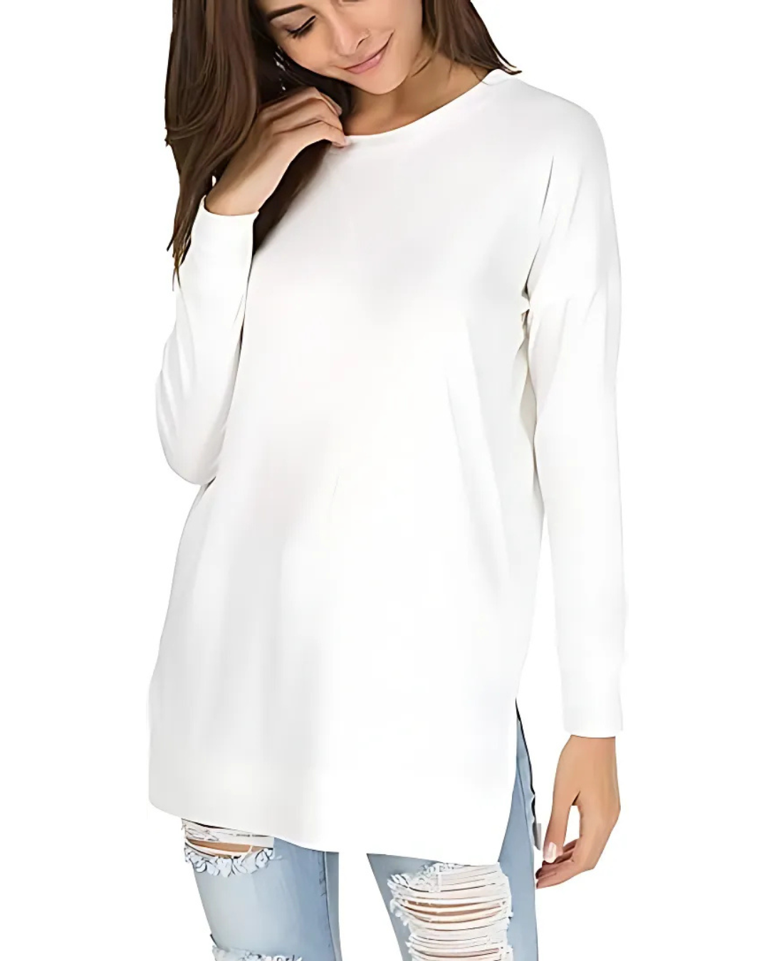 Pulover cu mâneci lungi și croială lungă, cu un stil casual și confortabil 