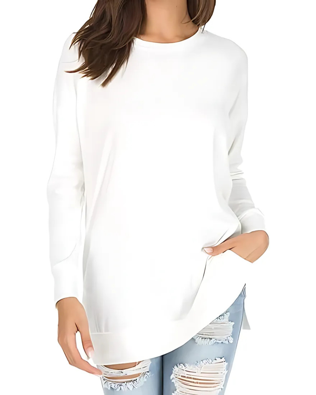 Pulover cu mâneci lungi și croială lungă, cu un stil casual și confortabil 