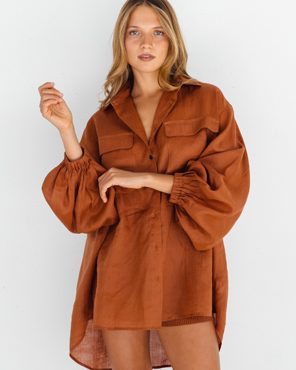 Cămașă oversize din in pentru femei, cu design casual și mâneci bufante