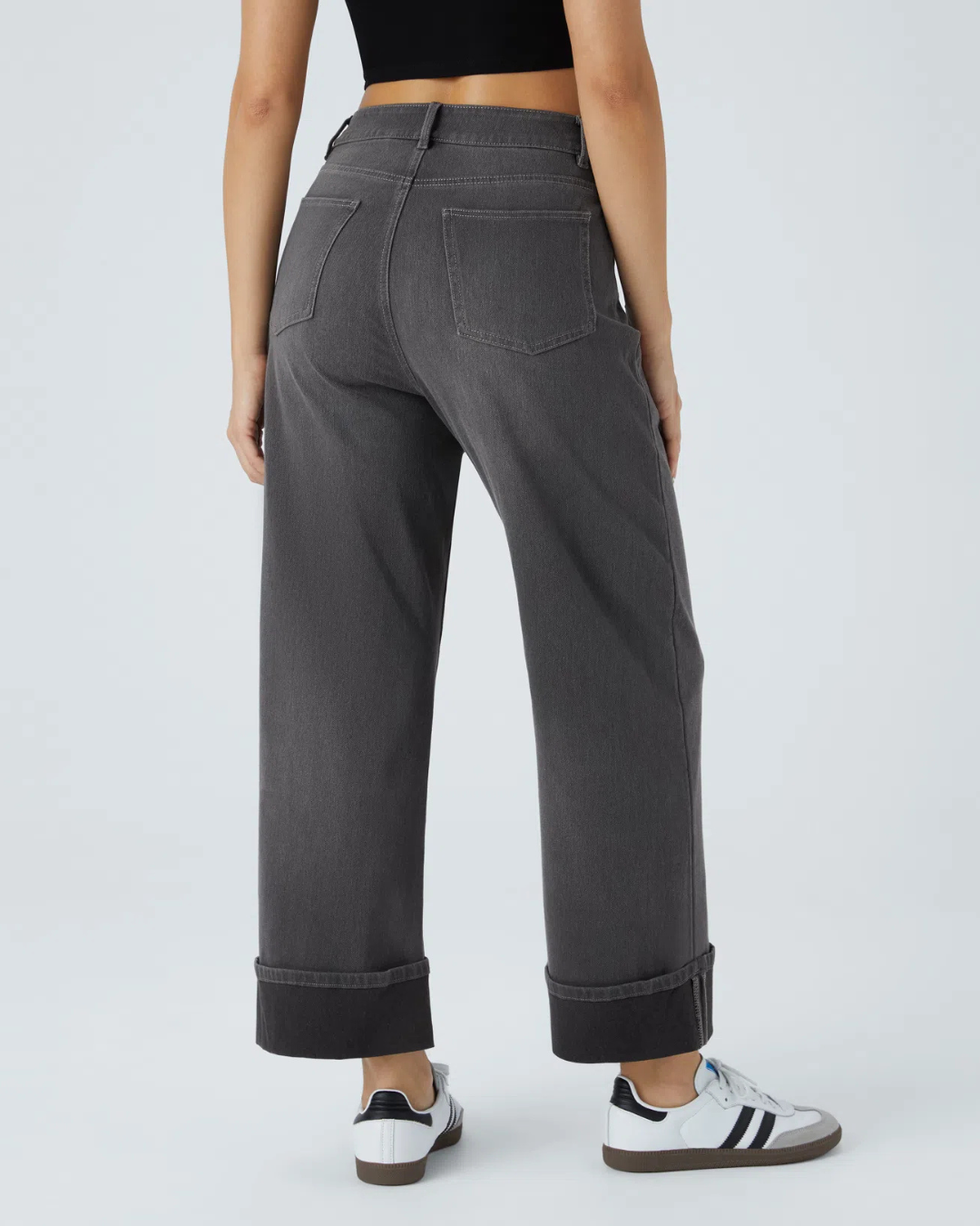 Pantaloni Spălați cu Tiv Rulat Elastic și Talie înaltă 