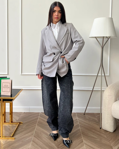 Blugi Largi cu Detalii de Diamante și Stil Cargo