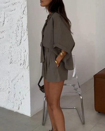 Bluză Casual și Set de Pantaloni Scurți Largi Pentru Uzura de Zi cu Zi