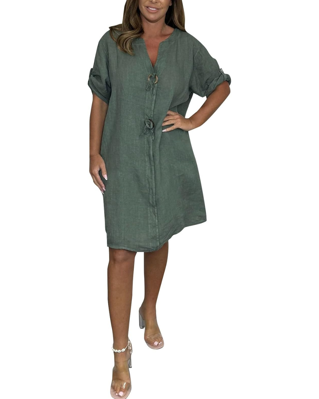 Rochie din in cu mâneci lungi și nasturi eleganți