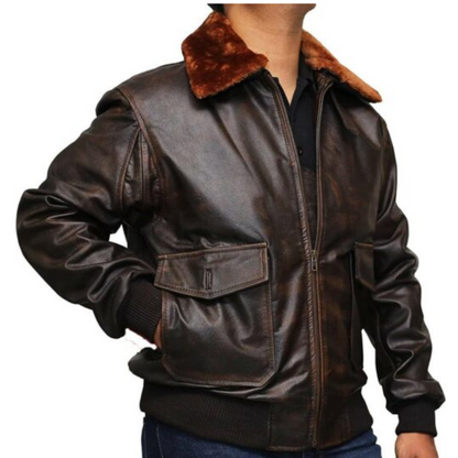 Jachetă de Piele Stil Aviator pentru Bărbați cu Guler de Pluș