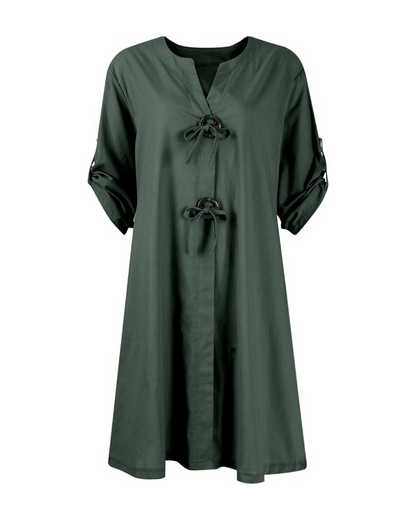 Rochie din in cu mâneci lungi și nasturi eleganți